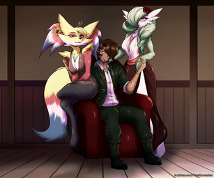 accessory ahoge anthro arm_around_partner arm_hair beads body_hair braided_hair breasts brown_eyes brown_hair charro_suit cleavage clothed clothing digit_ring dress ear_piercing ear_ring facial_hair facial_scar female flower flower_in_hair fur green_hair group hair hair_accessory hand_holding heart_ahoge heart_necklace highlights_(coloring) husband_and_wife_and_wife jewelry lipstick makeup male markings mole_(marking) mole_on_breast mole_under_eye piercing plant prayer_beads purple_eyes purple_lipstick red_lipstick ring ring_piercing rosary sandwiched scar smile smiling_at_viewer trio wedding_ring yellow_body yellow_eyes yellow_fur brennan_d_vries nintendo pokemon isabel_(atomic417) salvador_(atomic417) soledad_(atomic417) delphox gardevoir generation_3_pokemon generation_6_pokemon human humanoid mammal pokemon_(species) 2024 hi_res signature