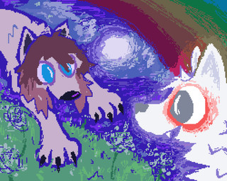 ambiguous_gender blue_eyes blue_sky brown_hair detailed_background duo feral fur grass hair open_mouth open_smile plant rainbow sky smile toony white_body white_fur demensa canid canine canis domestic_dog mammal 2025 5:4 digital_media_(artwork) hi_res pixel_(artwork)