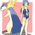 1:1 alternate_species animal_humanoid breasts clothing costume duo female feral generation_2_pokemon hair humanoid humanoidized long_hair low_res mammal midriff nintendo pokemon pokemon_(species) pokemon_costume pokemon_humanoid pokemorph ranphafranboise typhlosion