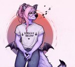 anthro hair humming male piercing pink_hair provocative_clothing purple_body purple_skin sitting solo text epke bat mammal mixed_breed colored_sketch english_text sketch