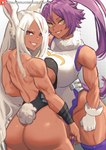 athletic athletic_female back_muscles big_breasts breast_squish breasts breasts_frottage butt clothing dark_body dark_skin duo female gloves hair handwear leotard long_hair looking_at_viewer looking_back muscular muscular_female purple_hair red_eyes simple_background smile soul_(bleach) squish tan_body tan_skin white_hair yellow_eyes xhaart bleach_(series) my_hero_academia rumi_usagiyama yoruichi_shihoin animal_humanoid human humanoid lagomorph lagomorph_humanoid leporid_humanoid mammal mammal_humanoid quirked_human_(my_hero_academia) rabbit_humanoid hi_res