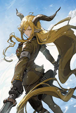black_clothing black_gloves black_handwear bottomwear brown_hair clothing day dutch_angle female gloves hair handwear holding_melee_weapon holding_object holding_sword holding_weapon horn jacket long_hair looking_at_viewer looking_back looking_back_at_viewer melee_weapon outside pants smile snow solo sword tail topwear weapon ryuuzaki_ichi arknights hypergryph studio_montagne degenbrecher_(arknights) animal_humanoid bovid bovid_humanoid caprine caprine_humanoid goat_humanoid humanoid mammal mammal_humanoid 2024