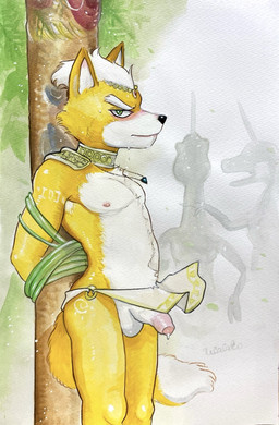 anthro armpit_hair balls blush bodily_fluids body_hair bottomwear bound clothing foreskin fur genital_fluids genitals humanoid_genitalia humanoid_penis loincloth male nipples orange_body orange_fur penis pole precum solo tied_to_pole ulala_ko nintendo star_fox fox_mccloud canid canine fox mammal hi_res painting_(artwork) traditional_media_(artwork) traditional_painting_(artwork) traditional_watercolor_(artwork) watercolor_(artwork)