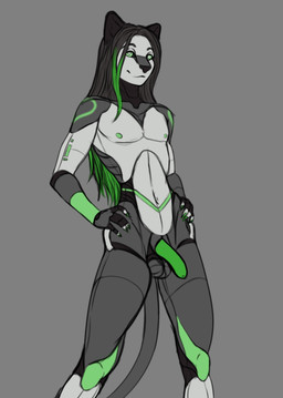 anthro balls featureless_penis genitals hair long_hair machine male nipples nude penis simple_background small_waist smile solo tail androidz android felid feline mammal robot hi_res