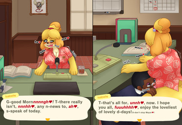 alcohol aloha_shirt anthro beverage big_breasts big_butt blush bodily_fluids bottomless breasts butt cleavage clothed clothing cunnilingus dialogue drooling drunk duo erect_nipples exhibitionism female header header_box heart_after_text heart_symbol highlighted_text male male/female moan nipples office oral pattern_clothing pattern_shirt pattern_topwear saliva sex shirt stealth_sex stuttering substance_intoxication text text_box text_with_heart topwear twitching under_table unprofessional_behavior vaginal only0neman animal_crossing nintendo isabelle_(animal_crossing) villager_(animal_crossing) canid canine canis domestic_dog human mammal shih_tzu toy_dog english_text hi_res