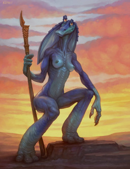 anthro areola biped blue_body breasts casual_nudity claws cloud crouching female female_anthro finger_claws holding_melee_weapon holding_object holding_polearm holding_spear holding_weapon looking_at_viewer medium_breasts melee_weapon morning nipples non-mammal_breasts non-mammal_nipples nude nude_anthro nude_female outdoor_nudity outside polearm pose solo spear three-quarter_view weapon yellow_eyes klongi star_wars alien amphibian gungan otolla_gungan 2025 digital_media_(artwork) digital_painting_(artwork) full-length_portrait hi_res painting_(artwork) portrait shaded soft_shading