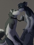 5_fingers anthro black_body black_fur black_hair black_nose bottomwear canid canine canis clothed clothing clothing_pull collar comic digital_media_(artwork) domestic_dog dominant dominant_male duo eyebrows eyes_closed fingers fur grey_background grey_body grey_fur hair hi_res holding_leash holding_object husky imminent_kiss jailbird leash male male/male mammal necktie necktie_pull nordic_sled_dog pants shaded simple_background spitz submissive submissive_male tail topless unavailable_at_source undressing white_body white_eyebrows white_fur