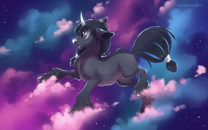 black_hair black_tail blue_tongue eyelashes female feral fur grey_body grey_eyes grey_fur grey_hooves hair hooves horn long_hair midair open_mouth sky solo star starry_sky tail tongue white_horn white_nose azzai mythology dragon kirin mythological_creature mythological_scalie scalie 2016 colored digital_drawing_(artwork) digital_media_(artwork) shaded