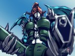 abs anthro armor gun male muscular muscular_anthro muscular_male pecs ranged_weapon solo spikes weapon wings taqrider bandai_namco digimon digimon_(species) paildramon