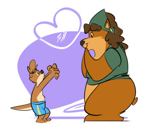 anthro blue_bottomwear blue_clothing blue_shorts bottomless bottomless_anthro bottomless_female bottomwear brown_body brown_fur brown_hair clothed clothing duo eyes_closed eyewear eyewear_on_head female fur goggles goggles_on_head green_clothing green_shirt green_topwear hair heart_background heart_symbol hearts_around_head hug hugging_another husband_and_wife kissing kissing_cheek larger_female long_hair male married_couple one_eye_closed shirt short_tail shorts simple_background size_difference smaller_male smile standing tail tail_motion tailwag tan_body tan_fur topless topless_anthro topless_male topwear whiskers tompossum bear mammal mustelid otter 2d_animation animated