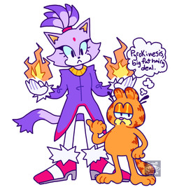 anthro clothing duo elemental_manipulation english_commentary female fire fire_manipulation footwear fur gesture gloves hand_gesture hand_on_hip hand_on_own_hip handwear high_heels looking_at_another looking_at_viewer male orange_body orange_fur pointing pointing_at_another purple_body purple_fur shoes simple_background speech_bubble text clarinettispaghetti garfield_(series) sega sonic_the_hedgehog_(series) blaze_the_cat garfield_the_cat felid feline mammal crossover english_text hi_res signature