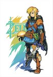 blonde_hair blue_eyes cape clothing fingerless_gloves gloves hair handwear humanoid_pointy_ears male master_sword melee_weapon pointy_ears simple_background solo sword text weapon 9twoeight nintendo tears_of_the_kingdom the_legend_of_zelda link elf humanoid hylian absurd_res english_text hi_res