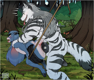 anal anal_penetration animal_genitalia animal_penis anthro anus balls big_butt big_knot big_penis biped black_horn black_penis blue_body blue_fur bodily_fluids butt canine_genitalia canine_penis detailed_background duo forest fur genital_fluids genitals hair hand_on_butt holding_shoulder hooves horn huge_knot huge_penis knot larger_anthro larger_male long_ears long_hair male male/male male_penetrated male_penetrating male_penetrating_male nature nude nude_anthro nude_male outside penetration penile penis plant sex size_difference smaller_male tail thick_thighs tire_swing tongue tongue_out tree white_body white_fur wide_hips mariart mari_(mariart) zal_(zwerewolf) bovid canid canine canis caprine goat mammal wolf digital_media_(artwork) hi_res