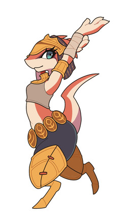 3_fingers accessory anthro arm_wraps armlet armor bent_arm biped bottomwear breasts clothed clothed_anthro clothed_female clothing crop_top digitigrade egyptian egyptian_clothing egyptian_headdress eye_markings female female_anthro fingers fully_clothed fully_clothed_anthro fully_clothed_female headdress headgear legwear looking_aside markings midriff multicolored_body multicolored_skin nemes_(clothing) non-mammal_breasts one_leg_up raised_arm raised_leg red_body red_skin red_tail shirt side_view small_breasts solo standing stretching tail tan_body tan_skin tan_tail thick_thighs topwear two_tone_body two_tone_skin two_tone_tail usekh waist_accessory wide_hips wraps rii ever_oasis nintendo miura drauk scalie 2025 digital_drawing_(artwork) digital_media_(artwork) full-length_portrait hi_res portrait shaded