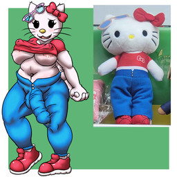anthro big_penis bodily_fluids bottomwear bow_ribbon breasts clothing dripping erection erection_under_clothing eyewear eyewear_on_head genital_fluids genitals huge_penis intersex leaking_precum nipple_slip nipples overweight pants penis precum precum_drip sunglasses sunglasses_on_head wearing_sunglasses hello_kitty_(series) sanrio hello_kitty_(character) felid feline mammal hi_res