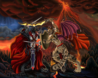 anthro armor black_pawpads bone bottomwear butt cape clothed clothing duo fantasy fight fur horn lava loincloth male markings melee_weapon membrane_(anatomy) membranous_wings outside pawpads scales shield skull spots spotted_body spotted_fur sword tail teeth tongue volcano wasteland weapon wings dragonpinkiepie mythology arthraax_(character) krilinus_sixus cheetah dragon felid feline hybrid mammal mythological_creature mythological_scalie scalie 5:4 absurd_res hi_res