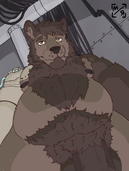anthro balls cybernetic_arm cybernetic_limb genitals green_eyes hair male musclegut muscular nipples nude pecs penis prosthetic prosthetic_arm prosthetic_limb science_fiction slightly_chubby smile solo mirror_racoon roads_yet_traveled rhoun_(roads_yet_traveled) canid canine canis domestic_dog mammal absurd_res digital_media_(artwork) hi_res