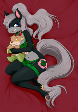 anthro blue_eyes blush bra choker clothing cutie_mark female floral_pattern floral_pattern_bra floral_pattern_panties floral_pattern_underwear fur gold_horseshoe green_body green_bra green_clothing green_fur green_lingerie green_panties green_underwear grey_body grey_fur grey_hair grey_tail hair hooves horn horseshoe jewelry lingerie necklace panties pattern_clothing pattern_lingerie pattern_underwear plushie solo tail underwear yellow_eyes mentalcrash hasbro my_little_pony equid equine horse mammal absurd_res hi_res