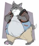 anthro backpack barefoot belly belly_overhang big_belly biped canid canine canis captainjusticevirtsuoso clothed clothing eyewear feet fur glasses grey_body grey_fur hi_res jacket male mammal moobs open_clothing open_jacket open_topwear overweight overweight_anthro overweight_male solo topwear walking white_body white_fur wolf