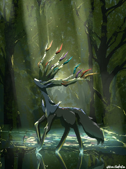 ambiguous_gender antlers black_body black_fur blue_body blue_fur feral fluffy fluffy_tail forest forest_background fur horn looking_up multicolored_body nature nature_background plant solo tail tree two_tone_body walking_on_water water bouillustration nintendo pokemon generation_6_pokemon legendary_pokemon pokemon_(species) xerneas xerneas_(active_mode) 2025 absurd_res hi_res signature