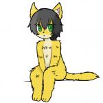 anthro biped black_hair femboy fluffy fluffy_tail fur green_eyes hair looking_at_viewer male simple_background sitting solo tail white_background yellow_body yellow_fur catsikune catsikune_(character) domestic_cat felid feline felis mammal 1:1