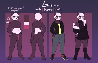 anthro balls bisexual_pride_colors boots bottomwear butt clothing denim denim_bottomwear denim_clothing dress eye_spots eyewear eyewear_only femboy flaccid footwear fur genitals glasses glasses_only hair hoodie humanoid_genitalia humanoid_penis jacket jeans lgbt_pride male multicolored_hair nude pants penis pride_colors purple_body purple_fur shirt shoes skirt slightly_chubby slightly_chubby_anthro slightly_chubby_male sneajers solo t-shirt text topwear two_tone_hair wearing_glasses white_body white_fur white_hair pandear louis_(pandear) bear giant_panda mammal english_text hi_res model_sheet