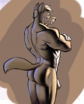 anthro biped brown_theme butt canid canine canis crossed_arms flaccid foreskin genitals humanoid_genitalia humanoid_penis male mammal manly muscular muscular_anthro muscular_male nude partially_retracted_foreskin penis poop_(artist) pose rear_view solo standing tail wolf