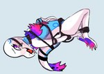 anthro bdsm blue_background bondage bound female gag gagged multicolored_body restraints rope rope_bondage rope_harness simple_background solo white_body bloowolfy nintendo pokemon generation_7_pokemon pokemon_(species) reptile salazzle scalie