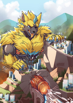 anthro blue_eyes bodily_fluids car city cum cum_on_ground destruction erection fur genital_fluids genitals humanoid_genitalia humanoid_penis macro male muscular muscular_male orgasm penetration penis tongue tongue_out tunnel vehicle yellow_body yellow_fur daru_brek nintendo pokemon felid generation_7_pokemon legendary_pokemon mammal pokemon_(species) zeraora absurd_res hi_res