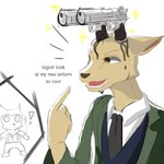 anthro brown_eyes clothed clothing dialogue duo fur gun male necktie open_mouth ranged_weapon tan_body tan_fur text weapon bluefoxzaza beastars deeeer_simulator legoshi_(beastars) louis_(beastars) canid canine canis cervine deer mammal red_deer wolf 1:1 english_text hi_res