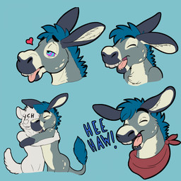 anthro anthro_on_anthro blue_background blue_eyes blue_hair cheek_tuft chest_tuft duo eyes_closed facial_tuft fur grey_body grey_fur hair head_tuft hug kerchief laugh long_ears male male/male narrowed_eyes neckerchief neckwear open_mouth pink_eyes pink_tongue red_kerchief red_neckerchief ringed_eyes short_hair simple_background solo tongue tongue_out tuft white_body white_fur bucklebunny ellis_(bucklebunny) asinus canid canine donkey equid equine mammal 1:1 absurd_res hi_res multiple_images
