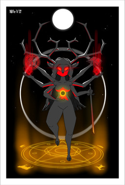 anthro antlers black_border black_hole border female fire fireball full_moon holding_melee_weapon holding_object holding_sword holding_weapon horn levitation looking_at_viewer magic melee_weapon moon multi_arm multi_limb night occult_symbol pentagram red_eyes ritual solo star sword symbol weapon 10ne-v deer mammal absurd_res hi_res