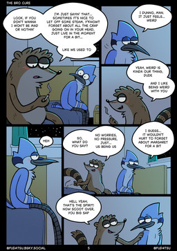 anthro bed blunt dialogue drugs duo furniture imminent_sex male marijuana on_bed speech_bubble text fudatsu cartoon_network regular_show mordecai_(regular_show) rigby_(regular_show) avian bird blue_jay corvid jay_(bird) mammal new_world_jay oscine passerine procyonid raccoon 2026 comic english_text hi_res