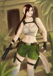 abs absurd_res anthro backpack belt belt_buckle bottomwear breasts buckle canid canine cleavage clothed clothing crop_top female fingerless_gloves gloves gun hair handgun handwear hi_res holster jakinsstudio lara_croft mammal navel pistol ponytail ranged_weapon shirt shorts tank_top tomb_raider topwear weapon