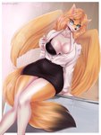 anthro big_breasts blue_eyes blush bottomwear bra breasts clothing eyewear female fur glasses orange_body orange_fur secretary skirt solo tail underwear white_body white_fur wings hierophant_green_(artist) amy_windfall canid canine fox mammal 2025 absurd_res hi_res