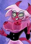 areola big_breasts black_clothing black_jacket black_topwear bottomwear breasts clothed clothing eyewear female glasses hair horn jacket nipples not_furry open_mouth partially_clothed pink_body simple_background skirt solo tail teeth thick_thighs topwear white_bottomwear white_clothing white_hair white_skirt archvile_(artist) helluva_boss asmodeus_assistant background_character demon demon_humanoid horned_humanoid humanoid succubus tailed_humanoid hi_res