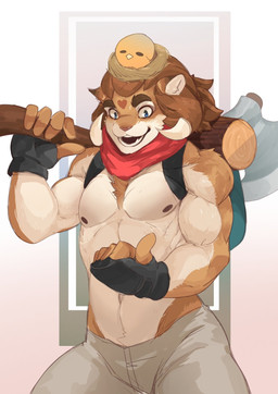 abstract_background ambiguous_gender anthro anthro_focus axe backpack blue_eyes bottomwear brown_body brown_fur brown_hair carrying_another chest_tuft clothed clothing duo feral fingerless_gloves fur gloves hair handwear heart_(marking) heart_symbol holding_object horn kemono larger_anthro larger_male looking_at_viewer male male_focus markings melee_weapon multicolored_body multicolored_fur muscular muscular_male on_head open_mouth pants red_scarf scarf size_difference sleeping smaller_ambiguous smaller_feral smile solo_focus standing tan_body tan_fur teeth topless tuft two_tone_body two_tone_fur weapon mawarisaka3 avian bird bovid caprine goat mammal hi_res