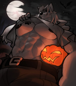 abs anthro belt belt_buckle big_muscles big_pecs black_nipples bottomwear buckle clothed clothing clothing_lift footprint full_moon holidays jack-o'-lantern looking_at_viewer looking_down looking_down_at_viewer male moon muscular muscular_male nipple_piercing nipples pants pawprint pawprint_tattoo pecs piercing presenting presenting_pecs shirt shirt_lift smile smiling_at_viewer smirk smirking_at_viewer solo tattoo topwear rygel_spkb halloween mac_b._howlin canid canine canis mammal wolf