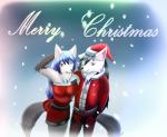 anthro black_body black_fur black_hair black_nose blue_hair breasts clothed clothing duo female fur hair holidays male open_mouth red_eyes smile white_body white_fur hakuhyogaki christmas haku_hyogaki yuki_hyogaki arctic_wolf canid canine canis mammal wolf hi_res