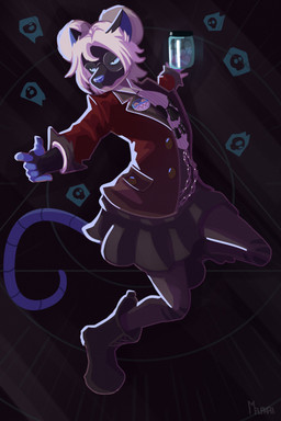 anthro blue_body blue_eyes blue_skin bottomwear chain clothing container cosplay eyewear female footwear glasses hair hair_bun jacket jar jumping midair red_clothing red_jacket red_topwear school_uniform shoes skirt skull_symbol solo throwing_object topwear uniform wearing_glasses white_hair omalakai deadlock_(game) valve circe_(pankallisti) darcy_graves mammal murid murine rat rodent digital_media_(artwork) digital_painting_(artwork) hi_res painting_(artwork)