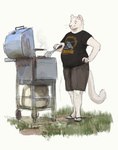 anthro barbecue bottomwear clothed clothing cooking flip_flops footwear fully_clothed fur grass hand_on_hip holding_object male outside overweight overweight_anthro overweight_male plant sandals shirt shoes shorts simple_background smile solo spatula standing tools topwear white_background white_body white_fur cettus samson_(derpoomer) cougar felid feline mammal hi_res