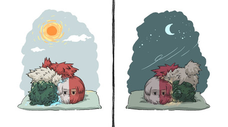 ambiguous_gender anus cloud contrast crescent_moon day feral feralized fur group moon night pillow sleeping split_color sun symmetry x_anus minibuddy my_hero_academia eijiro_kirishima izuku_midoriya katsuki_bakugou todoroki_shouto canid canine canis domestic_dog mammal comic digital_media_(artwork)