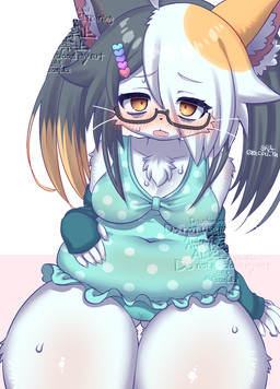 accessory anthro black_body black_fur black_hair blonde_hair bodily_fluids breasts butt butt_from_the_front camel_toe clothed clothing eye_bags eyewear female fur glasses hair hair_accessory hairclip holding_belly kemono multicolored_body multicolored_fur multicolored_hair navel_outline one-piece_swimsuit slightly_chubby slightly_chubby_female solo sweat swimwear thick_thighs thigh_gap white_body white_fur white_hair yellow_body yellow_eyes yellow_fur racal_ra onyasn_(racal_ra) calico_cat domestic_cat felid feline felis mammal distracting_watermark watermark