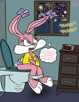 anthro bathroom blue_eyes clothed clothing dress female fur holidays implied_scat inner_monologue looking_out_window onomatopoeia panties panties_down partially_clothed pink_body pink_fur pooping ribbons sitting sitting_on_toilet solo sound_effects teeth text thinking thought_bubble toilet toilet_use underwear underwear_down young young_female thedispenser69 new_year tiny_toon_adventures warner_brothers babs_bunny lagomorph leporid mammal rabbit hi_res