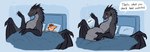 anthro bed belly big_belly blush cigarette duo female female_pred furniture licking licking_lips male male/female male_prey oral_vore pillow text tongue tongue_out vore wings darkdraconica mythology darky_(darkdraconica) canid canine dragon fox mammal mythological_creature mythological_scalie scalie english_text hi_res