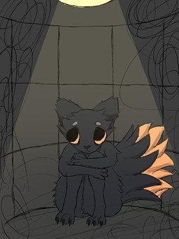 ambiguous_gender anthro curled_up fetal_pose fluffy fluffy_tail fur orange_body orange_fur orange_sclera scared scared_eyes solo tail twistednature casualties:_unknown canid canine expie_(gunsawian) gunsawian mammal 3:4 hi_res