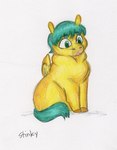 2023 ambiguous_gender brown_hooves colored_pencil_(artwork) ed_mortis english_text equid equine eyebrows feathered_wings feathers feral fivel_(ed_mortis) fluffy_pony fluffy_pony_(species) full-length_portrait fur green_eyes green_mane green_tail handwritten_text hooves low_res mammal mane mythological_creature mythological_equine mythology pegasus portrait shaded simple_background sitting small_wings solo story story_in_description tail text traditional_media_(artwork) unguligrade white_background wings yellow_body yellow_feathers yellow_fur yellow_wings
