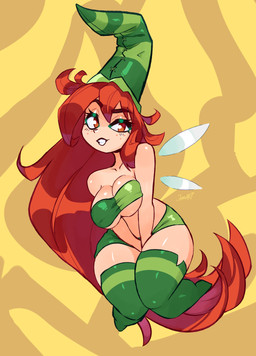 bangs big_breasts boots bottomwear breasts cartoon_freckles cleavage clothed clothing eyelashes female footwear freckled_face freckles glistening_eyelids green_bottomwear green_clothing green_footwear green_hat green_headwear green_skirt green_topwear hair hands_between_legs hat headgear headwear insect_wings legwear light_body light_skin long_eyelashes long_hair red_hair shoes simple_background skirt solo thigh_boots thigh_highs topwear tube_top wings yellow_background jamoart rayman_(series) ubisoft betilla fairy humanoid nymph winged_humanoid 2023 absurd_res hi_res