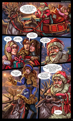 breasts clothing female feral group holidays hooves male mature_female text thick_thighs misty_morning christmas santa_claus cervine deer elk human mammal absurd_res comic english_text hi_res
