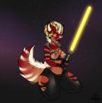 anthro breasts female holding_object holding_weapon lightsaber melee_weapon nipples sith solo star weapon yellow_lightsaber jackalope_(artist) star_wars canid canine hybrid mammal